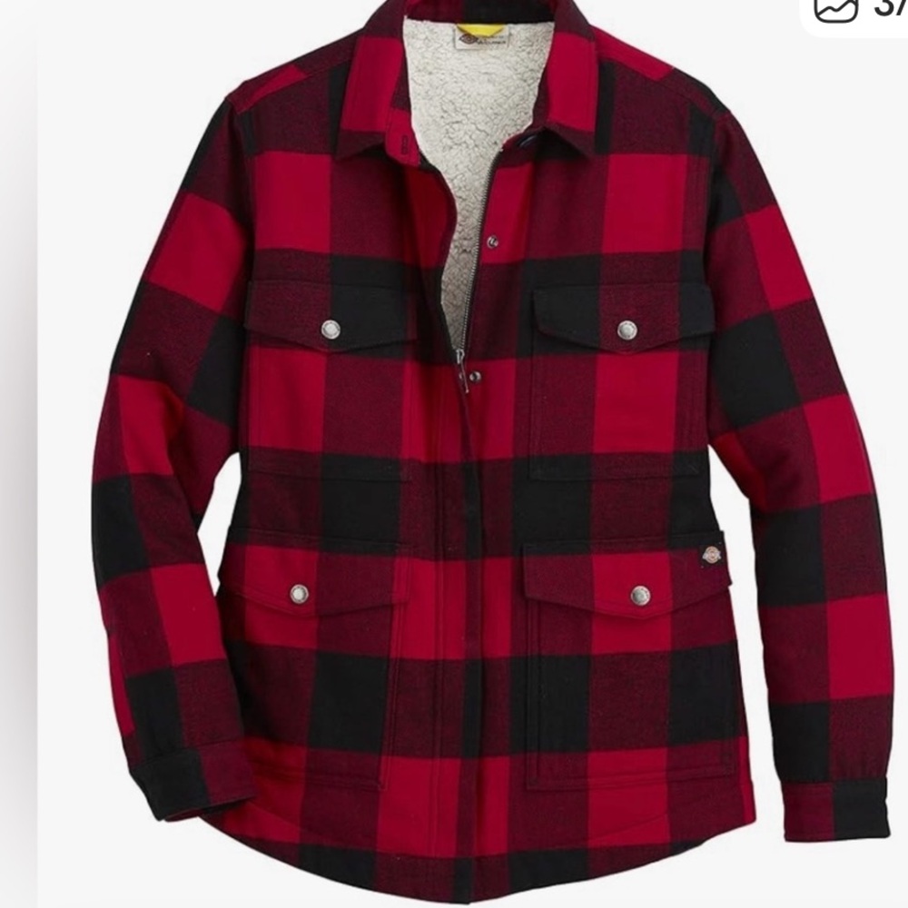 DICKIES Sherpa Lined Flannel Chore Coat, English Red Black Buffalo Plaid XS